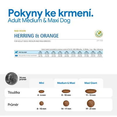 Doporučení pro krmení pro dospělé středně velké a velké psy. Tabulka s denními dávkami podle hmotnosti, srovnání velikostí granulí: Mini, Medium a Maxi, Maxi Giant s rozměry. Doporučení pro krmení pro dospělé středně velké a velké psy. Tabulka s denními dávkami podle hmotnosti, srovnání velikostí granulí: Mini, Medium a Maxi, Maxi Giant s rozměry.
