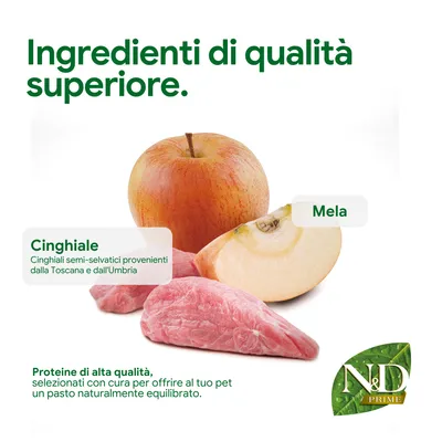 Componenti: mela, cinghiale dalla Toscana e dall’Umbria. Proteine di alta qualità per un alimento equilibrato. Logo N&D Prime visibile.