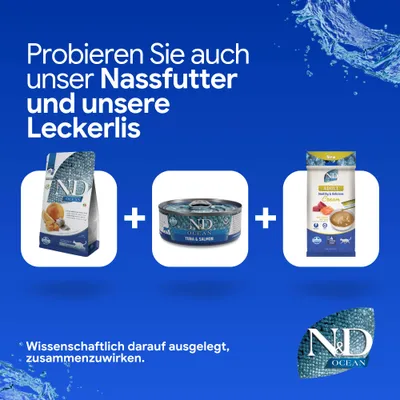 N&D Ocean Nassfutter, Leckerlis und Trockenfutter. Probieren Sie auch unser Nassfutter und unsere Leckerlis. Wissenschaftlich darauf ausgelegt, zusammenzuwirken.