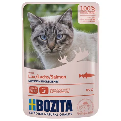 Bozita храна за котки с сьомга, шведски съставки, 100% животински протеин, без зърнени храни, FOS за лесно храносмилане, вкусен вкус, опаковка 85g.