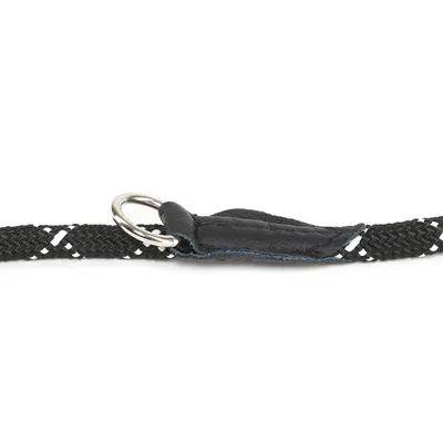 Black dog collar with braided design and metal ring, close-up of the fastening area.
