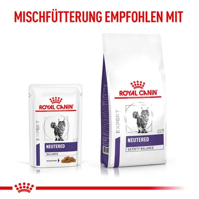 Royal Canin Expert Neutered Balance Nassfutter und Satiety Balance Trockenfutter. Mischfütterung empfohlen für kastrierte Katzen.