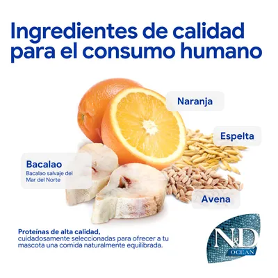 Ingredientes: bacalao, naranja, espelta, avena. Proteínas de alta calidad aptas para el consumo humano, cuidadosamente seleccionadas para una alimentación equilibrada. Ingredientes: bacalao, naranja, espelta, avena. Proteínas de alta calidad aptas para el consumo humano, cuidadosamente seleccionadas para una alimentación equilibrada.