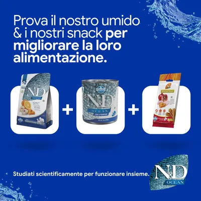N&D Ocean crocchette, alimento umido e dental treats. Sviluppato scientificamente per migliorare la nutrizione insieme.