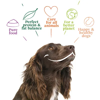 Pure food, perfect protein and fat balance, care for all animals, for a better planet, happy and healthy dogs shown as product benefits above a dog image.
