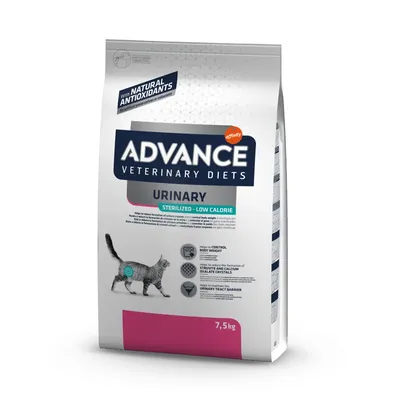 Advance Veterinary Diets Urinary Sterilized Low Calorie суха храна за котки, 7,5 кг. С натурални антиоксиданти. Видими икони: контрол на теглото, намаляване на кристали, бариера на уринарния тракт.