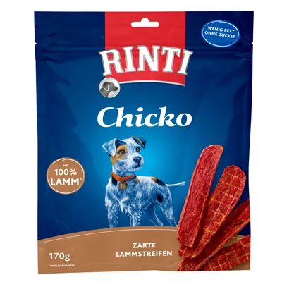 Rinti Chicko, 170 g, zarte Lammstreifen, mit 100 % Lamm*, wenig Fett ohne Zucker. Emballage bleu avec illustration de chien et lamelles de viande. Texte en allemand.