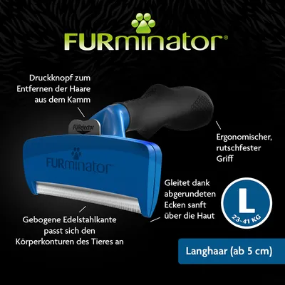FURminator Langhaar (ab 5 cm) für Tiere von 23-41 kg. Druckknopf zum Entfernen der Haare, gebogene Edelstahlkante passt sich Körperkonturen an, ergonomischer rutschfester Griff.