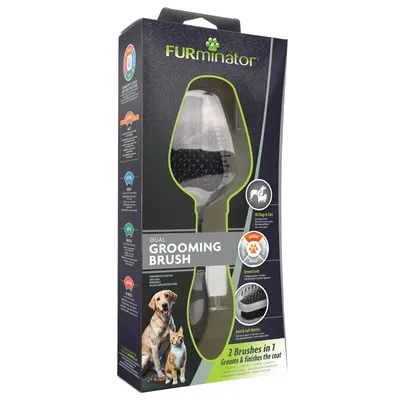 FURminator Dual Grooming Brush i förpackning, synlig borste med text: '2 Brushes in 1', 'Grooms & finishes the coat', bilder på hund och katt, samt symboler för användning.