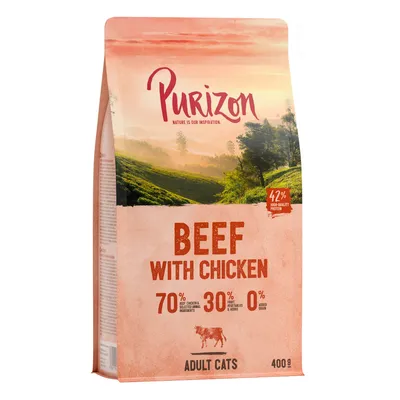 Purizon ξηρά τροφή για ενήλικες γάτες, γεύση Beef with Chicken, 70% κρέας, 30% λαχανικά και βότανα, 0% δημητριακά, 42% υψηλής ποιότητας πρωτεΐνη, συσκευασία 400g.
