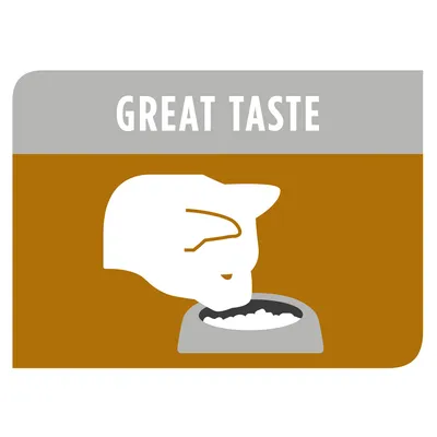 Illustration of an animal eating from a bowl with the text 'Great Taste' above.