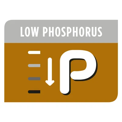 Low phosphorus feature highlighted with downward arrow and letter P, indicating reduced phosphorus content in the product.