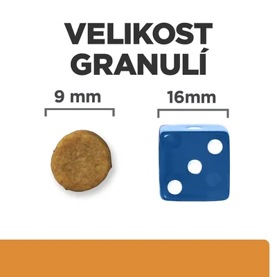 Velikost granulí: porovnání granule o průměru 9 mm a modré kostky o hraně 16 mm. Nápis 'VELIKOST GRANULÍ' nahoře.