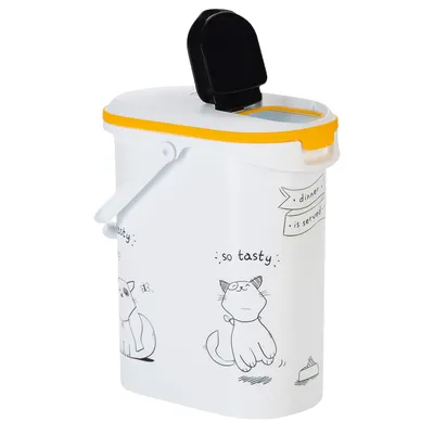 Weisser Futterbehälter mit gelbem Deckel und Katzenillustrationen. Text: 'so tasty' und 'dinner is served'.