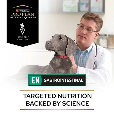 Purina Pro Plan Veterinary Diets EN Gastrointestinal. Targeted nutrition backed by science. Image shows a dog with a vet, highlighting veterinary clinical nutrition.