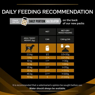 Daily feeding recommendation chart showing wet and mixed feeding portions by adult body weight in kg, with a note to consult a veterinarian and ensure water is always available.
