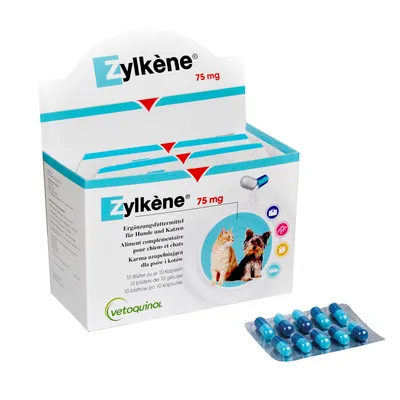 Упаковка Zylkène 75 mg, изображены собака и кошка, блистер с 10 капсулами. Видны надписи: Ergänzungsfuttermittel für Hunde und Katzen, Vetoquinol.