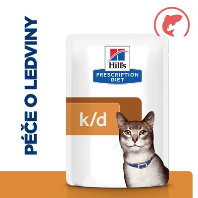 Hill's Prescription Diet k/d pre mačky, nápis PÉČE O LEDVINY, obrázok mačky a symbol ryby v pravom hornom rohu. Text na obale je v češtine. Hill's Prescription Diet k/d pre mačky, nápis PÉČE O LEDVINY, obrázok mačky a symbol ryby v pravom hornom rohu. Text na obale je v češtine.