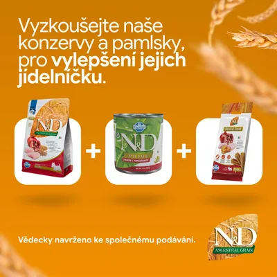 N&D Ancestral Grain suché krmivo, N&D Prime mokré krmivo a Dental Treats. Vedecky vyvinuté na spoločné kŕmenie. N&D Ancestral Grain suché krmivo, N&D Prime mokré krmivo a Dental Treats. Vedecky vyvinuté na spoločné kŕmenie.
