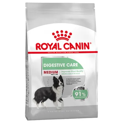 Royal Canin Digestive Care Medium pour chiens 11–25 kg, améliore la qualité des selles, jusqu’à 91 % selles optimales, sac avec image de chien noir et blanc.
