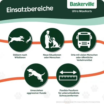 Einsatzbereiche Baskerville Ultra Maulkorb: Stöbern nach Wildtieren, neue Situationen oder Menschen, Orte mit vielen Menschen oder öffentlichen Verkehrsmitteln, Umerziehen aggressiver Hunde, flexible Passform.