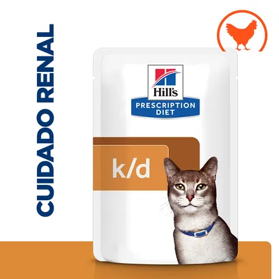 Hill's Prescription Diet k/d para gatos, cuidado renal. Imagen de sobre con ilustración de gato y símbolo de pollo. Texto visible: CUIDADO RENAL.