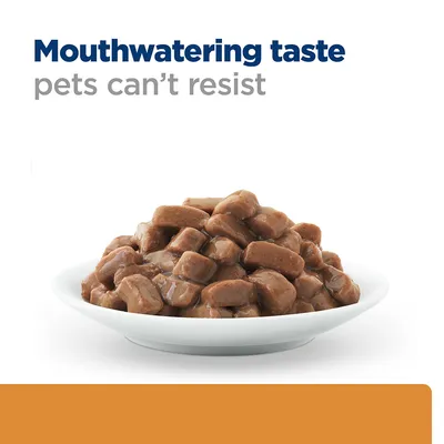 Bowl of meaty chunks in gravy with text: Mouthwatering taste pets can’t resist.
