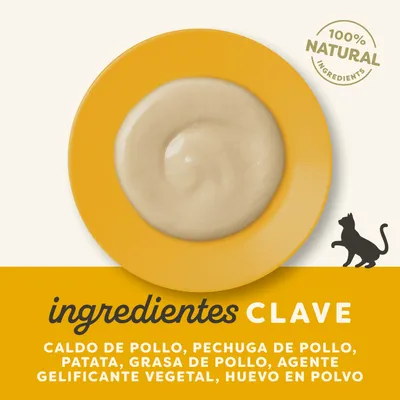 100% natural. Ingredientes clave: caldo de pollo, pechuga de pollo, patata, grasa de pollo, agente gelificante vegetal, huevo en polvo.