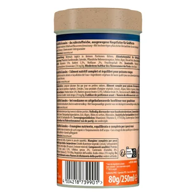 Hovedfoder til guldfisk, 80 g/250 ml. Sammensætning: vegetabilske bestanddele, protein, korn, råprotein 33 %, råfedt 5,5 %, fugtighed 8 %. Mindst holdbar til: se emballagen. Hovedfoder til guldfisk, 80 g/250 ml. Sammensætning: vegetabilske bestanddele, protein, korn, råprotein 33 %, råfedt 5,5 %, fugtighed 8 %. Mindst holdbar til: se emballagen.