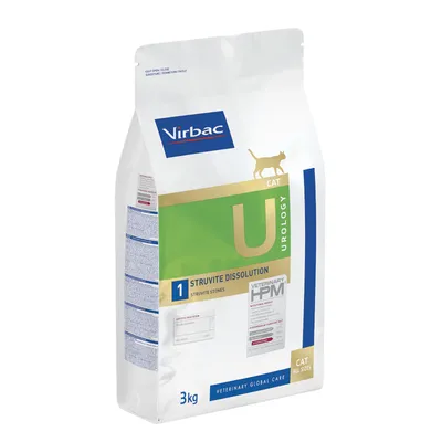 Sac de croquettes Virbac Urology Cat Struvite Dissolution, 3 kg, texte visible : Veterinary HPM, Veterinary Global Care, CAT ALL SIZES, pour chats, dissolution des calculs de struvite.