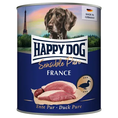 Happy Dog Sensible Pure France, čistá kačica. Vyrobené v Nemecku. Zobrazenie kačacieho mäsa a psa pred Eiffelovou vežou.