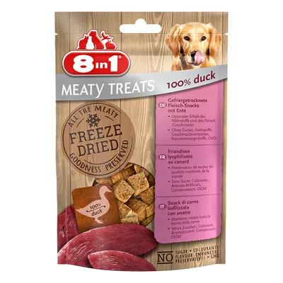 Συσκευασία 8 in 1 Meaty Treats, 100% duck, freeze dried. Εμφανίζονται κομμάτια λιχουδιάς και πάπια. Χωρίς ζάχαρη, χρωστικές, ενισχυτικά γεύσης, συντηρητικά, ΓΤΟ.