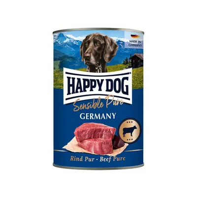 Happy Dog Sensible Pure Germany konzerv, Rind Pur • Beef Pure felirattal, marhahús képpel, Made in Germany szöveg a dobozon