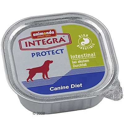 Barquette Animonda Integra Protect Intestinal Canine Diet, texte visible : High Digestible, bei akutem Durchfall. Illustration de chien rouge sur l’emballage.