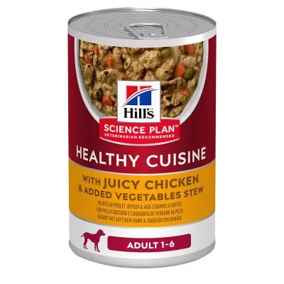 Konzerva Hill's Science Plan Healthy Cuisine, with juicy chicken & added vegetables stew, pro dospělé psy 1–6 let. Viditelný obsah masa a zeleniny.