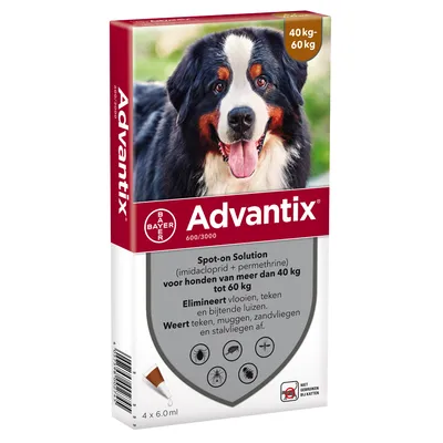 Advantix Spot-on Solution voor honden van meer dan 40 kg tot 60 kg, elimineert vlooien, teken en bijtende luizen, weert teken, muggen, zandvliegen en stalvliegen. 4 x 6,0 ml.