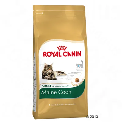 Saco de pienso Royal Canin Maine Coon Adult, imagen de un gato Maine Coon, texto visible: ADULT, Over 15 months old, A partir de 15 mis, Feline Breed Nutrition.