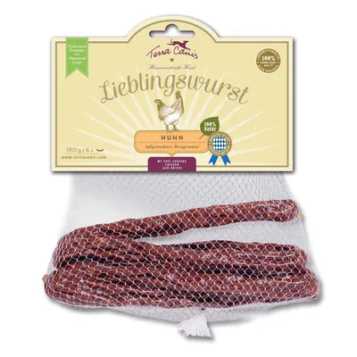 Terra Canis Lieblingswurst Huhn, 190 g, 8 kpl. Ilmakuivattua kanamakkaraa koirille verkossa. Pakkauksessa teksti: Improved recipe, 100 % Natur, My fave sausage (chicken) (air-dried).