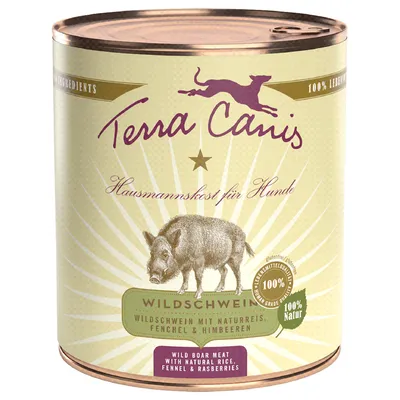 Terra Canis Hausmannskost para cães. Javali com arroz integral, funcho e framboesas. Sem glúten, qualidade alimentar, 100% natural.