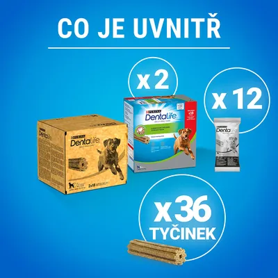 Obsah balení: 2 krabice Purina Dentalife, 12 sáčků Dentalife, celkem 36 tyčinek. Text: Co je uvnitř, x2, x12, x36 tyčinek.