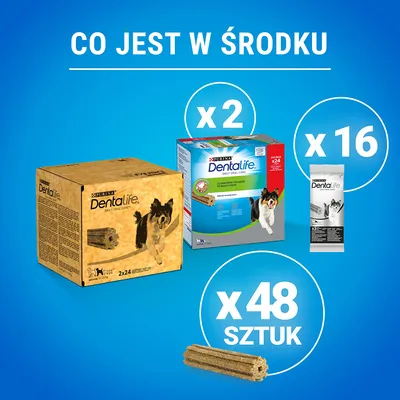 Purina Dentalife – zestaw: 2 opakowania po 24 sztuki, 16 pojedynczych saszetek, razem 48 sztuk. Widoczne opakowania i przysmak dentystyczny dla psa.
