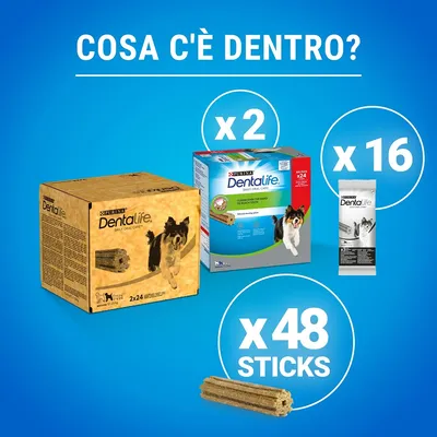 Purina Dentalife Daily Oral Care per cani, confezione con 2 scatole da 24 stick, 16 bustine singole e totale 48 sticks. Testo: Cosa c'è dentro? x2, x16, x48 sticks.