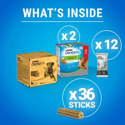 PURINA Dentalife -pakkaukset: 2 laatikkoa, 12 pussia ja yhteensä 36 tikkua. Teksti englanniksi: WHAT'S INSIDE, x2, x12, x36 STICKS.