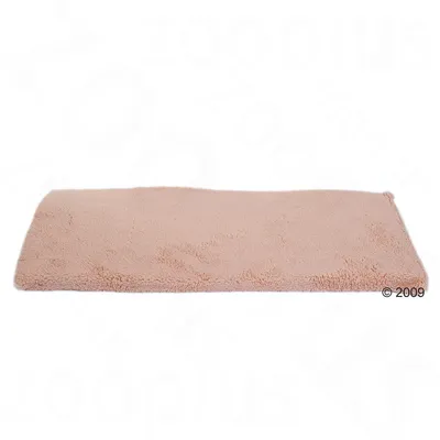 Tapis rectangulaire beige en tissu peluche, sans motifs ni marques visibles.
