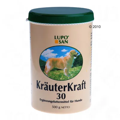 Кутия LUPO SAN KräuterKraft 30, Ergänzungsfuttermittel für Hunde, 500 g NETTO. Видим е етикет с изображение на куче и текст на немски език.