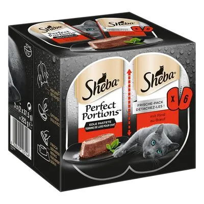 Sheba Perfect Portions Edle Pastete, 6-pack, met rund. Afbeelding van kattenvoerporties en een grijze kat op de verpakking. Tekst in het Duits en Frans zichtbaar.