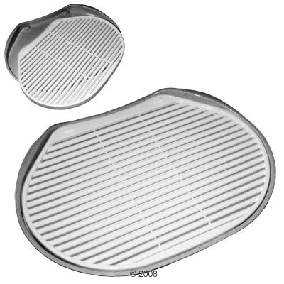 Plastic slatted tray with raised edges, shown from two angles. Designed to allow liquid to drain through the slots while keeping the surface above dry.