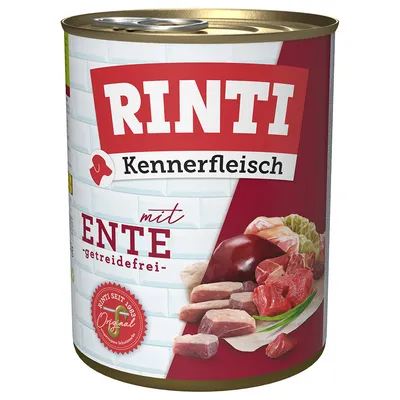RINTI Kennerfleisch s kachnou, bez obilovin. RINTI od roku 1983 Original. Zobrazení kousků masa a ingrediencí.