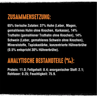 Samenstelling: 65% dierlijke ingrediënten, 37% kip, 14% kalkoen, 14% varken. Analytische bestanddelen (%): eiwit 11,0, vetgehalte 8,4, ruwe vezel 0,25, vocht 75,9.