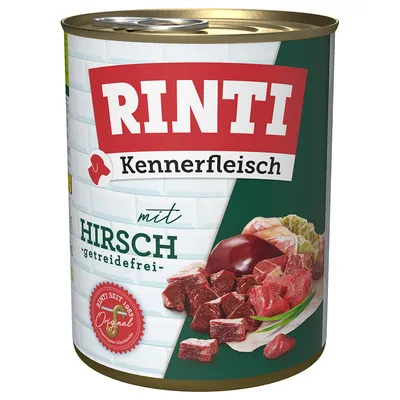RINTI Kennerfleisch s jelenem, bez obilovin. Rinti od roku 1926 Original. Zobrazeno: kousky masa a ingredience.